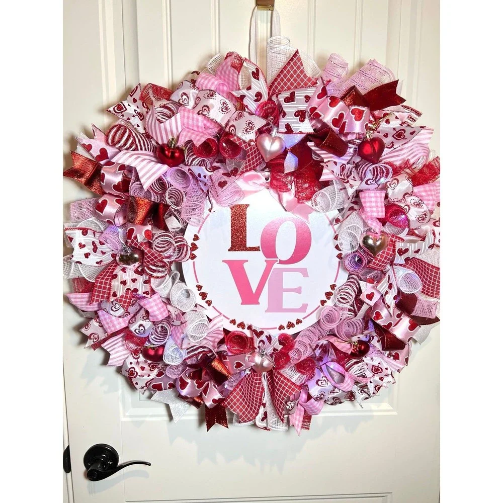 XL Handmade Valentine’s LOVE Ribbon Prelit Wreath 26 ins LED XLW4